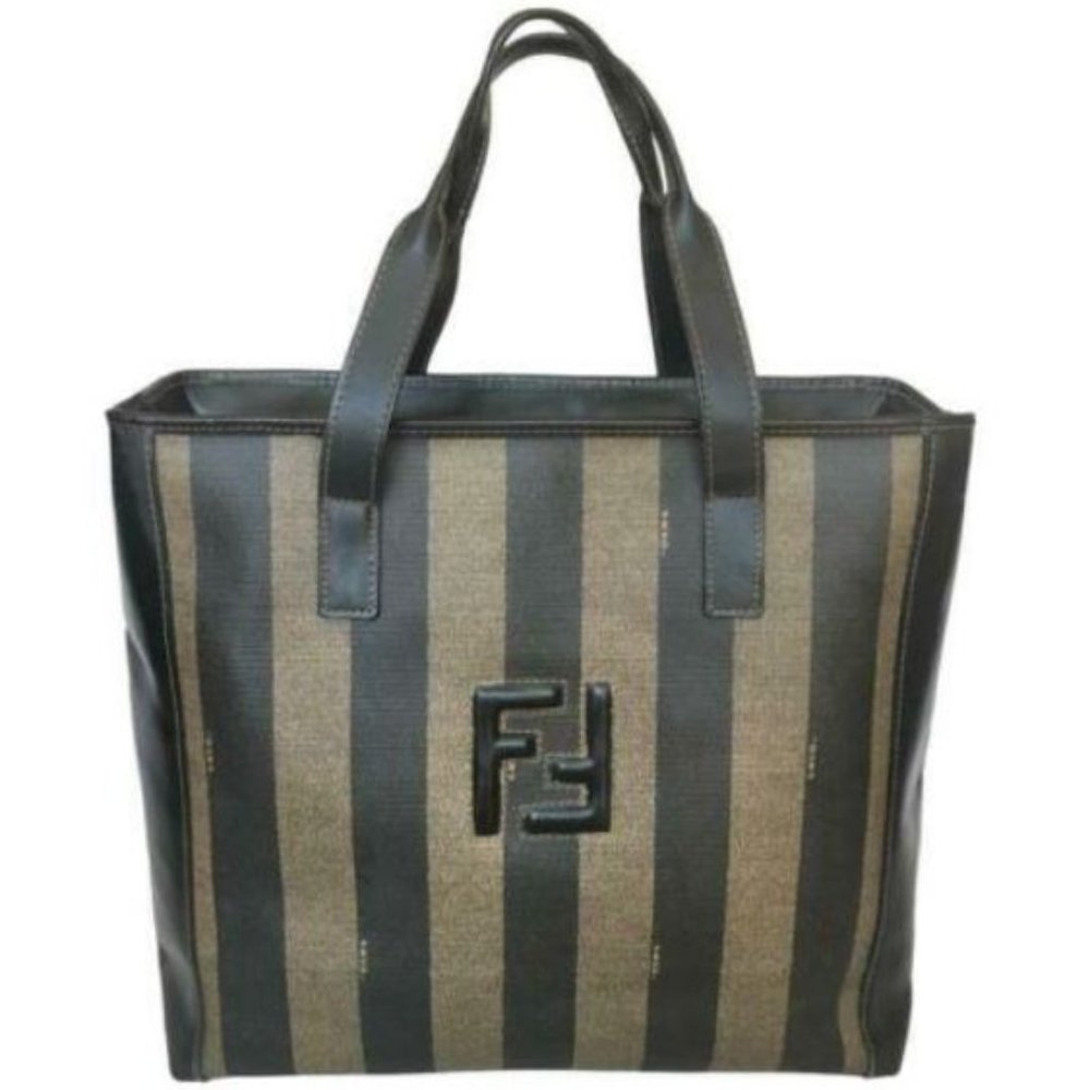 Fendi Vintage Pequin Striped Canvas Leather Tote